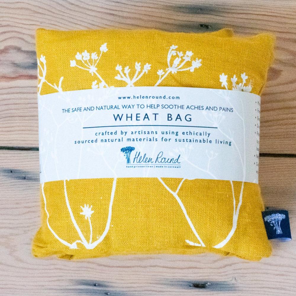 Helen Round linen wheat bag mustard with hedgerow design