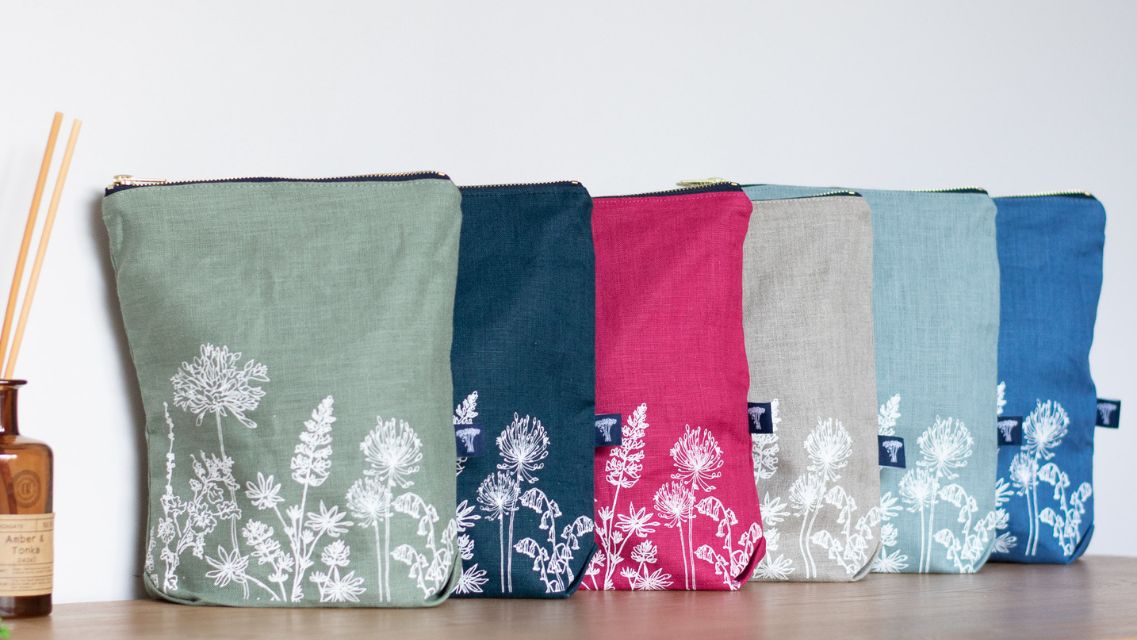 Toiletry bag, waterproof lining linen handprinted sage green, navy blue, raspberry red, duck egg blue