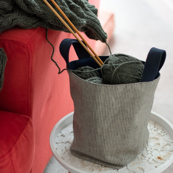 Large Striped Linen Storage Pot with Handles containing knitting wool from Helen Round