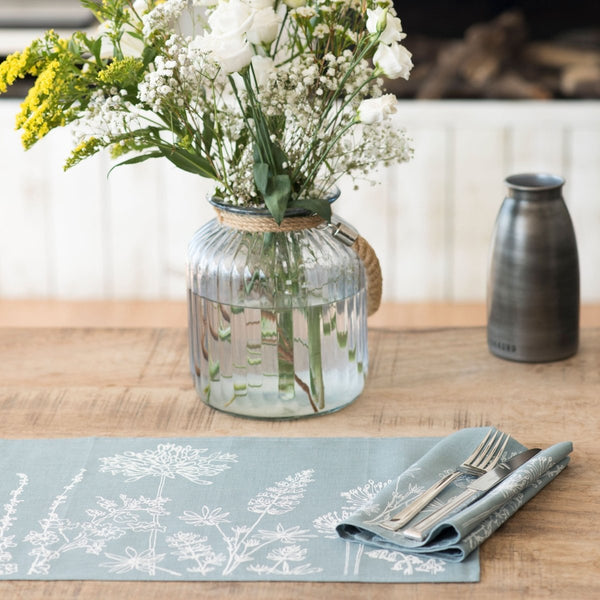 set of two linen placemats in duck egg blue linen with garden floral design